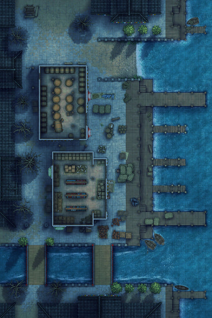 Asian City Seaport Dock Warehouse Battlemap - nighttime harbor town - Digital, Foundry VTT, Print
