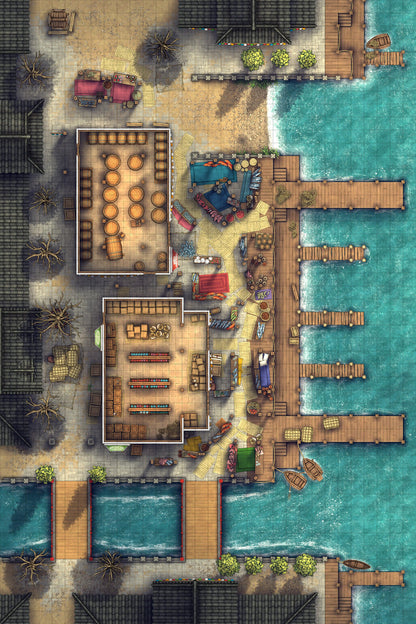 Asian City Seaport Dock Warehouse Battlemap - overhead view coastal marketplace - Digital, Foundry VTT, Print