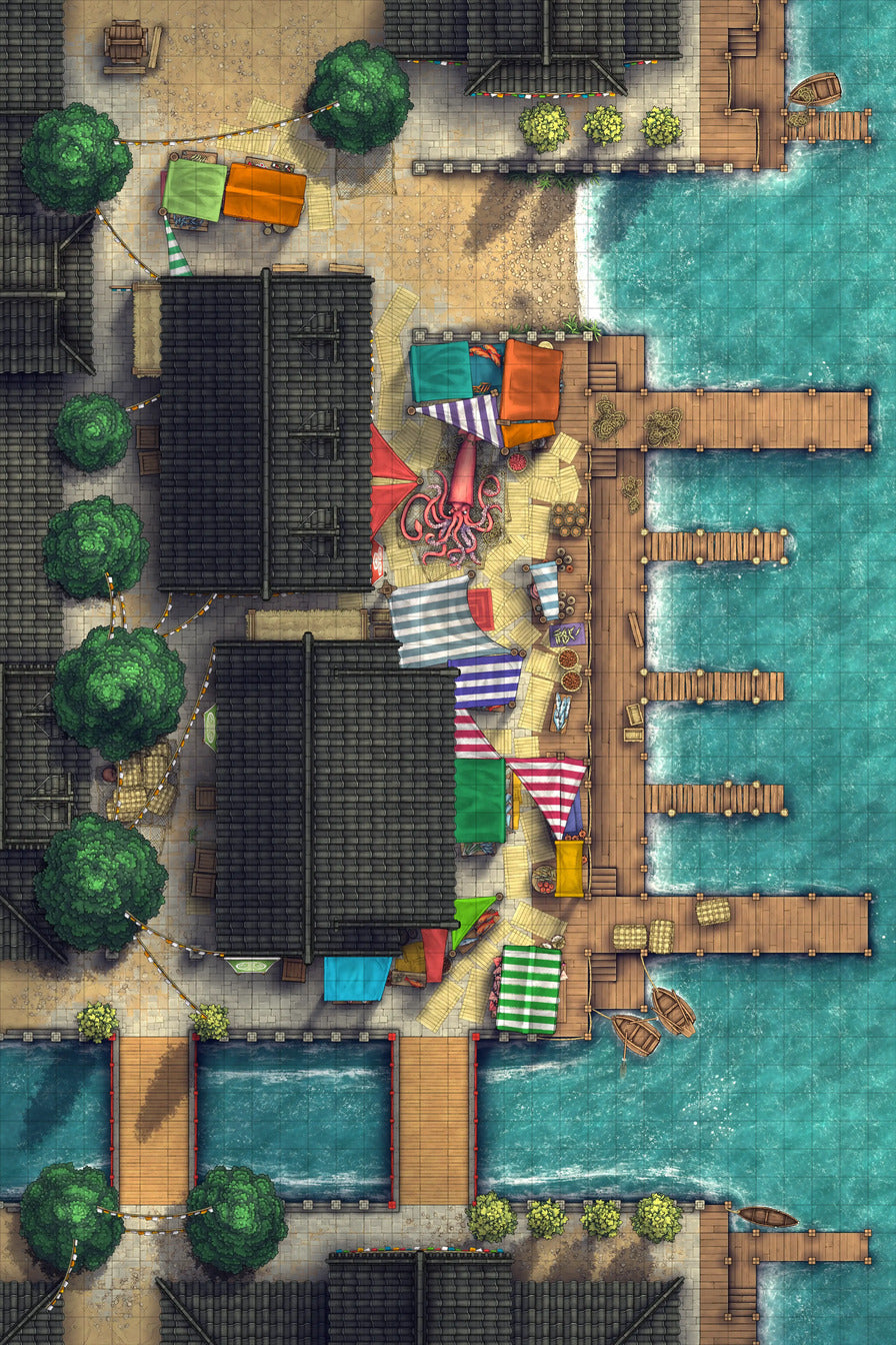 Asian City Seaport Dock Warehouse Battlemap - overhead view coastal town - Digital, Foundry VTT, Print