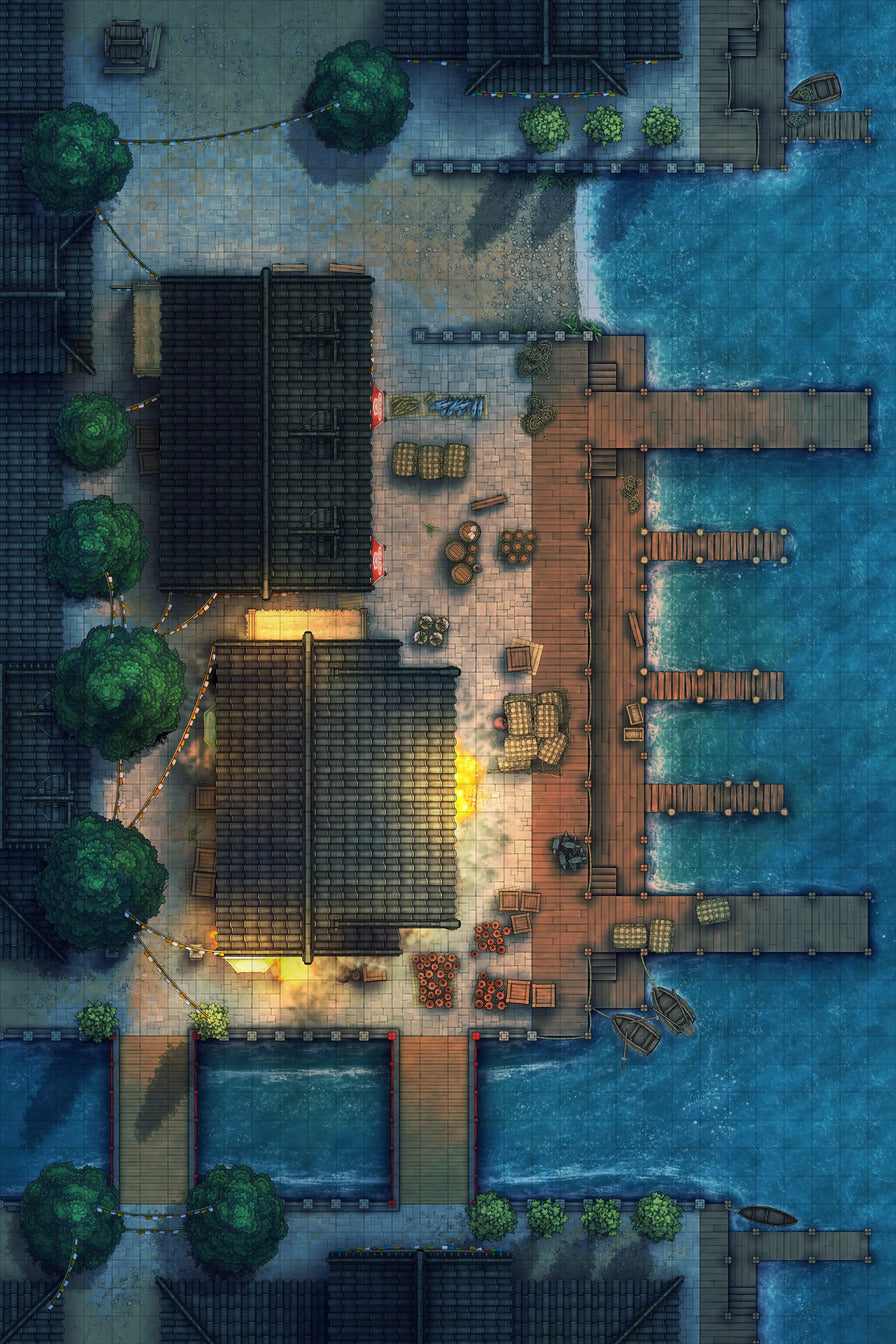 Asian City Seaport Dock Warehouse Battlemap - overhead view coastal town - Digital, Foundry VTT, Print