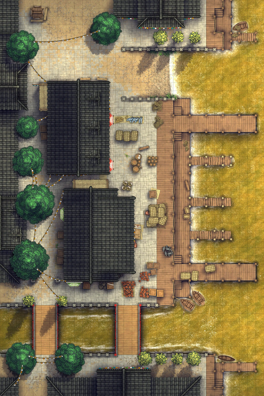 Asian City Seaport Dock Warehouse Battlemap - overhead view coastal town - Digital, Foundry VTT, Print