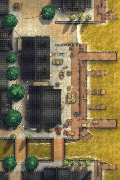 Asian City Seaport Dock Warehouse Battlemap - overhead view coastal town - Digital, Foundry VTT, Print