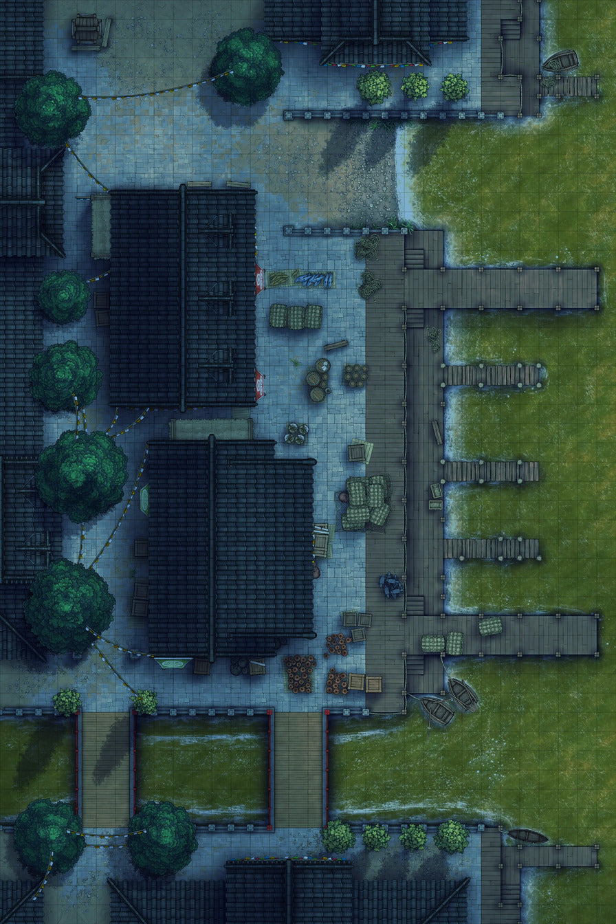 Asian City Seaport Dock Warehouse Battlemap - overhead view coastal town - Digital, Foundry VTT, Print