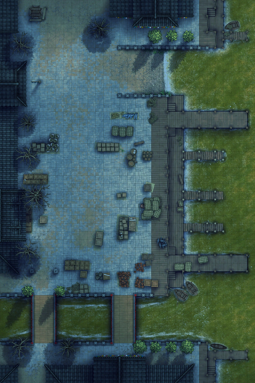 Asian City Seaport Dock Warehouse Battlemap - overhead view dockside town - Digital, Foundry VTT, Print