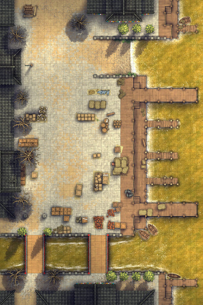 Asian City Seaport Dock Warehouse Battlemap - overhead view dockyard - Digital, Foundry VTT, Print