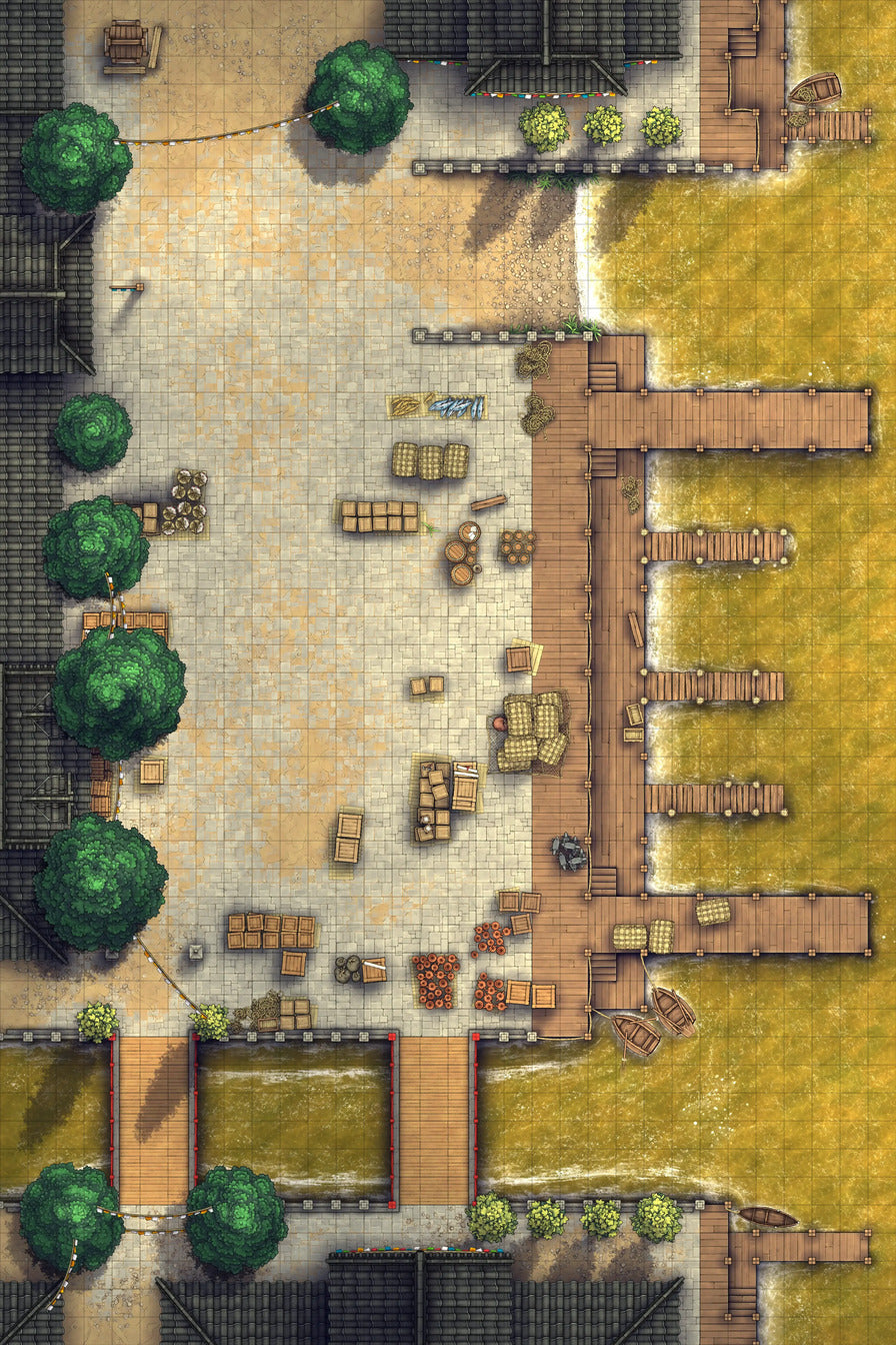 Asian City Seaport Dock Warehouse Battlemap - overhead view port town - Digital, Foundry VTT, Print