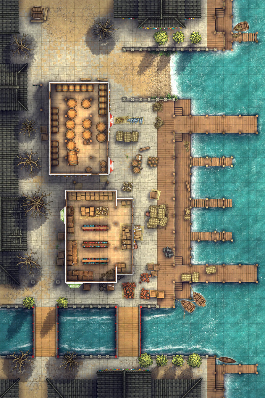 Asian City Seaport Dock Warehouse Battlemap - overhead view port town - Digital, Foundry VTT, Print