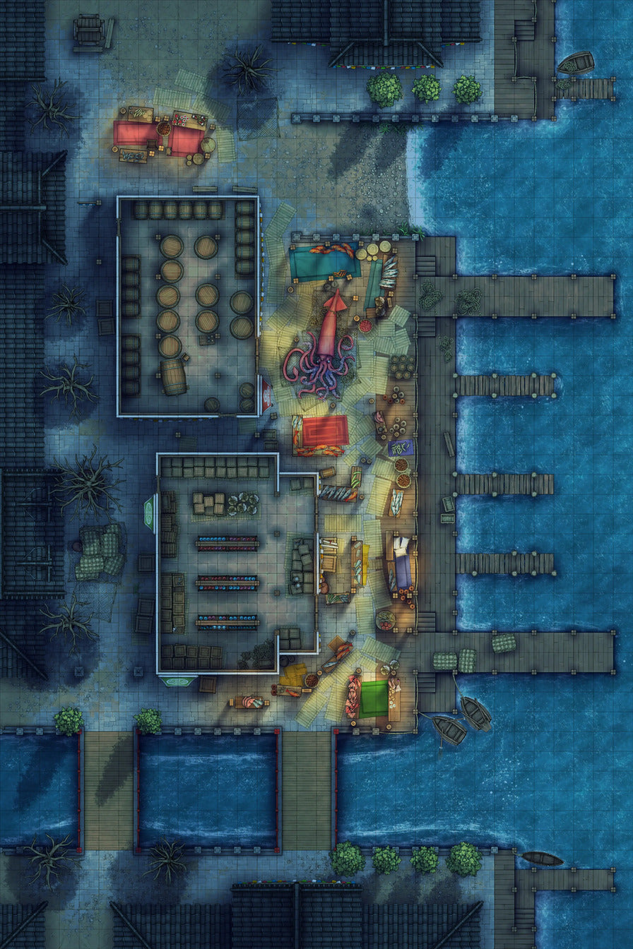 Asian City Seaport Dock Warehouse Battlemap - overhead view port town - Digital, Foundry VTT, Print
