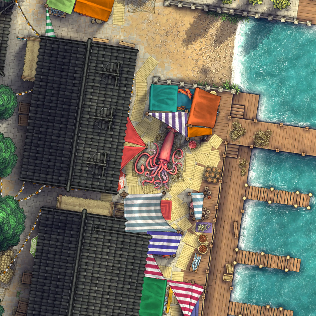 Asian City Seaport Dock Warehouse Battlemap - overhead view seaside market - Digital, Foundry VTT, Print