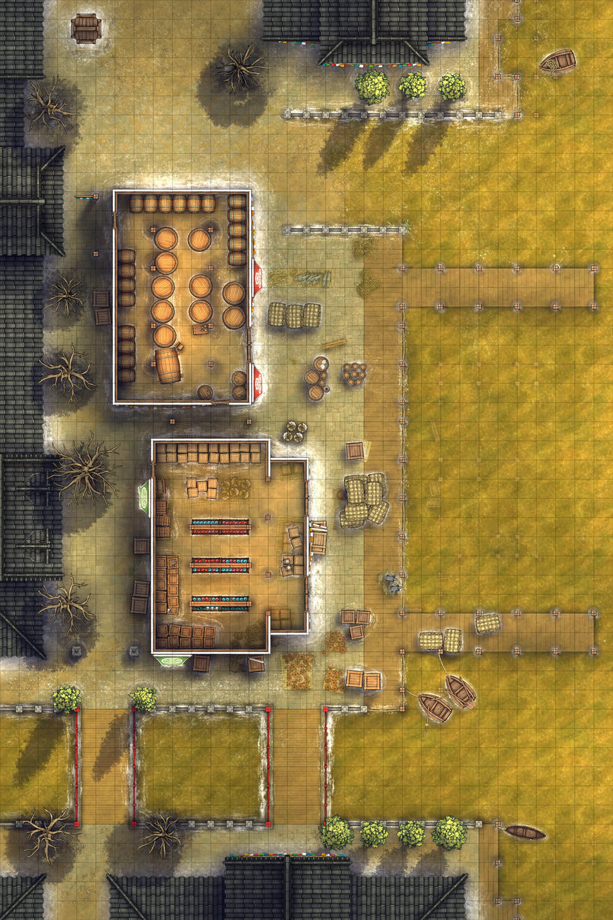 Asian City Seaport Dock Warehouse Battlemap - overhead view town map - Digital, Foundry VTT, Print