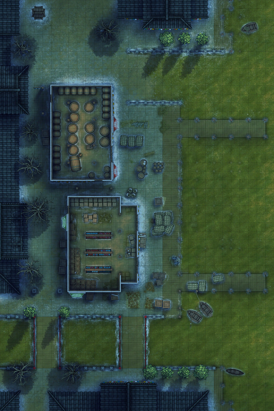 Asian City Seaport Dock Warehouse Battlemap - overhead view village map - Digital, Foundry VTT, Print