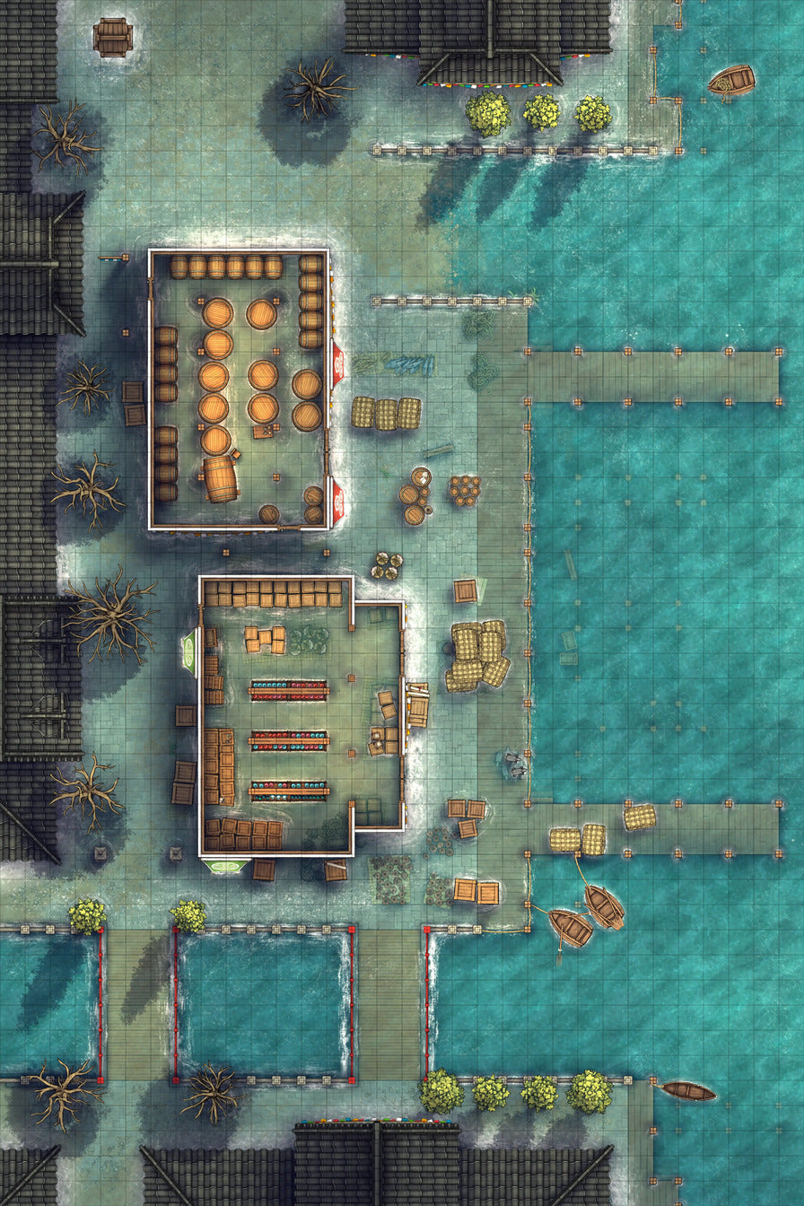 Asian City Seaport Dock Warehouse Battlemap - overhead view waterfront town - Digital, Foundry VTT, Print