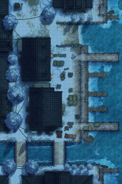 Asian City Seaport Dock Warehouse Battlemap - snowy coastal village - Digital, Foundry VTT, Print