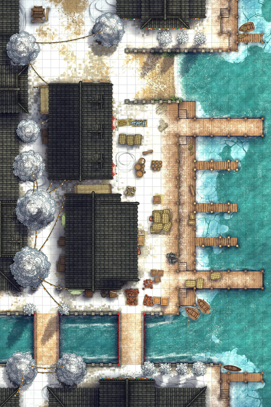 Asian City Seaport Dock Warehouse Battlemap - snowy coastal village map - Digital, Foundry VTT, Print