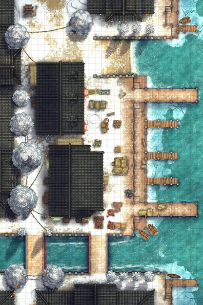 Asian City Seaport Dock Warehouse Battlemap - snowy coastal village map - Digital, Foundry VTT, Print