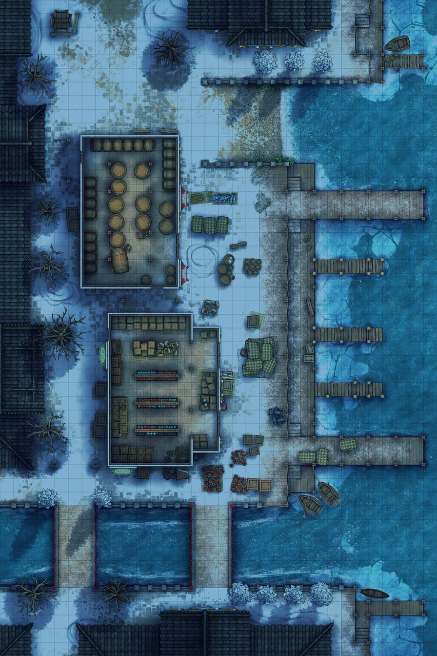 Asian City Seaport Dock Warehouse Battlemap - snowy port town - Digital, Foundry VTT, Print