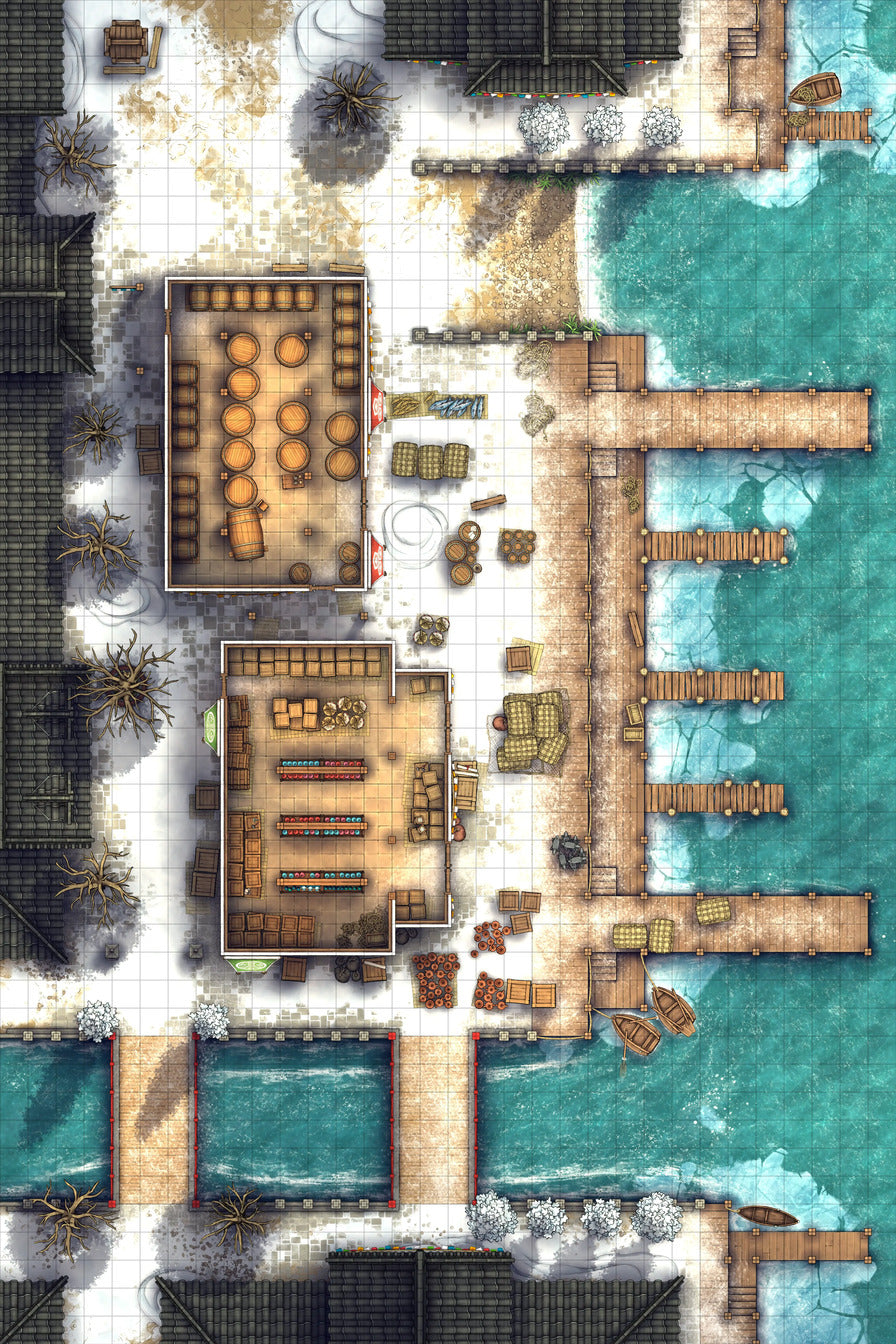Asian City Seaport Dock Warehouse Battlemap - wintery port town - Digital, Foundry VTT, Print