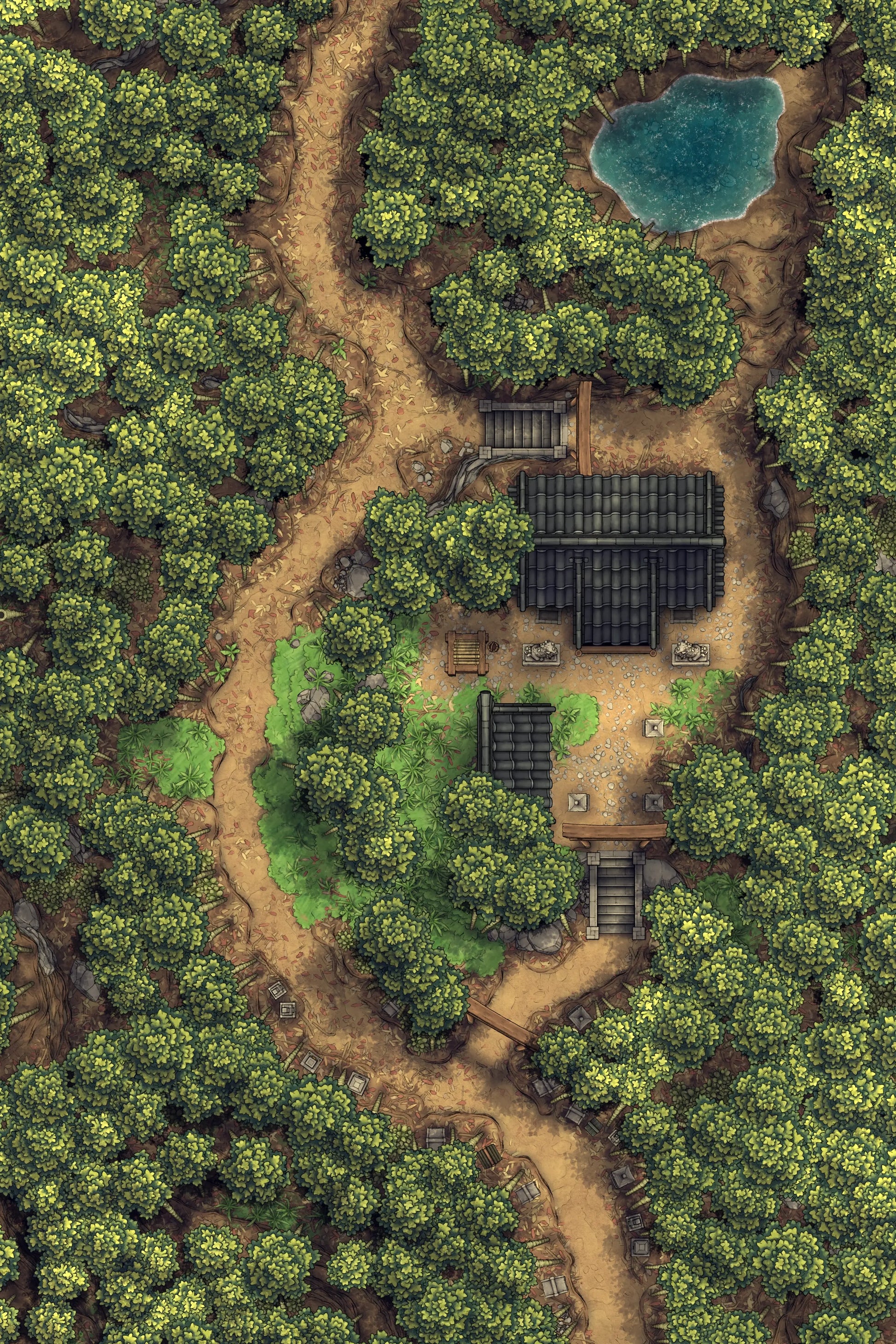 Bamboo Forest Shrine Battlemap - overhead view forest buildings - Digital, Foundry VTT, Print