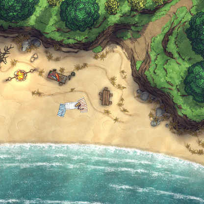 Beach Episode Battlemap - beachside campsite - Digital, Foundry VTT, Print