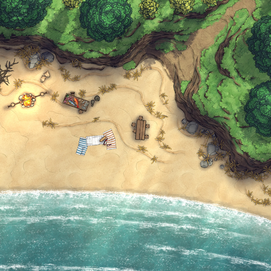 Beach Episode Battlemap - beachside campsite - Digital, Foundry VTT, Print