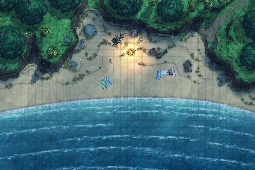 Beach Episode Battlemap - beachside campsite - Digital, Foundry VTT, Print