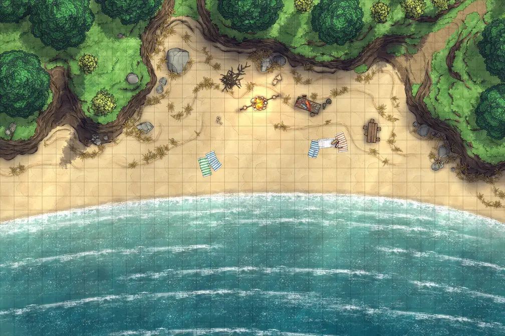 Beach Episode Battlemap - beachside campsite - Digital, Foundry VTT, Print