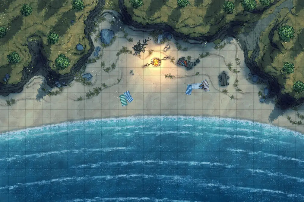 Beach Episode Battlemap - beachside campsite - Digital, Foundry VTT, Print