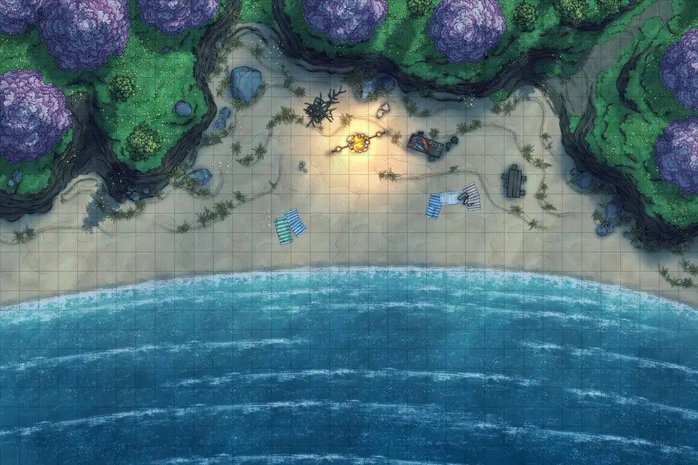 Beach Episode Battlemap - beachside campsite - Digital, Foundry VTT, Print