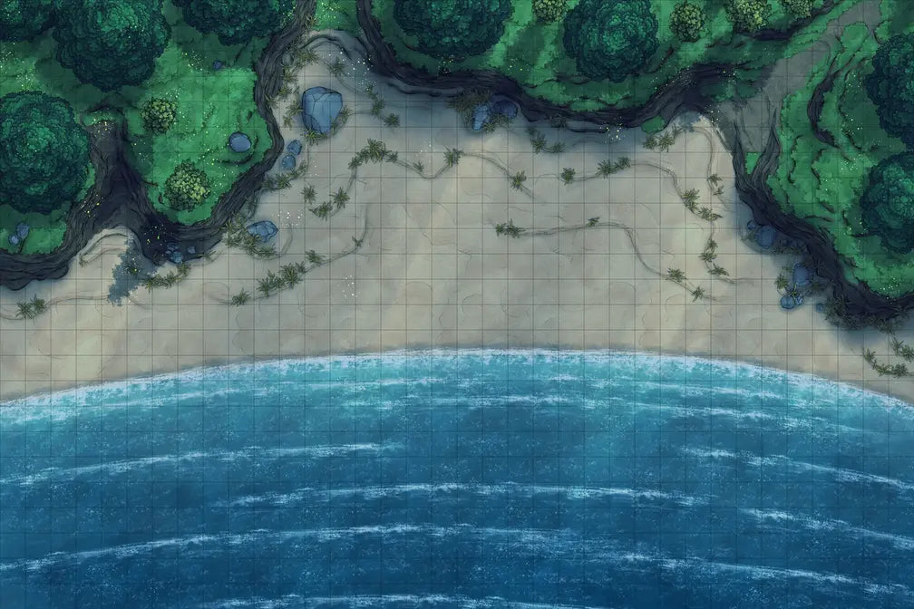 Beach Episode Battlemap - overhead view beach - Digital, Foundry VTT, Print