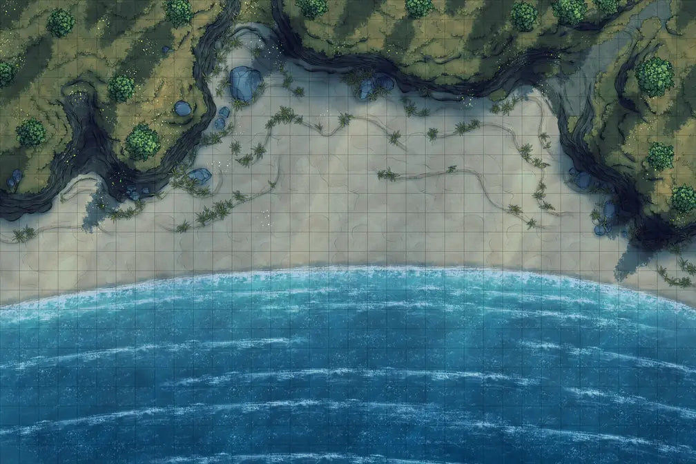 Beach Episode Battlemap - sandy beach blue ocean - Digital, Foundry VTT, Print