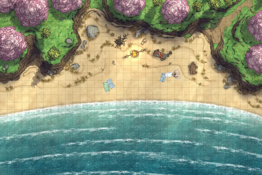 Beach Episode Battlemap - beach scene camping gear - Digital, Foundry VTT, Print