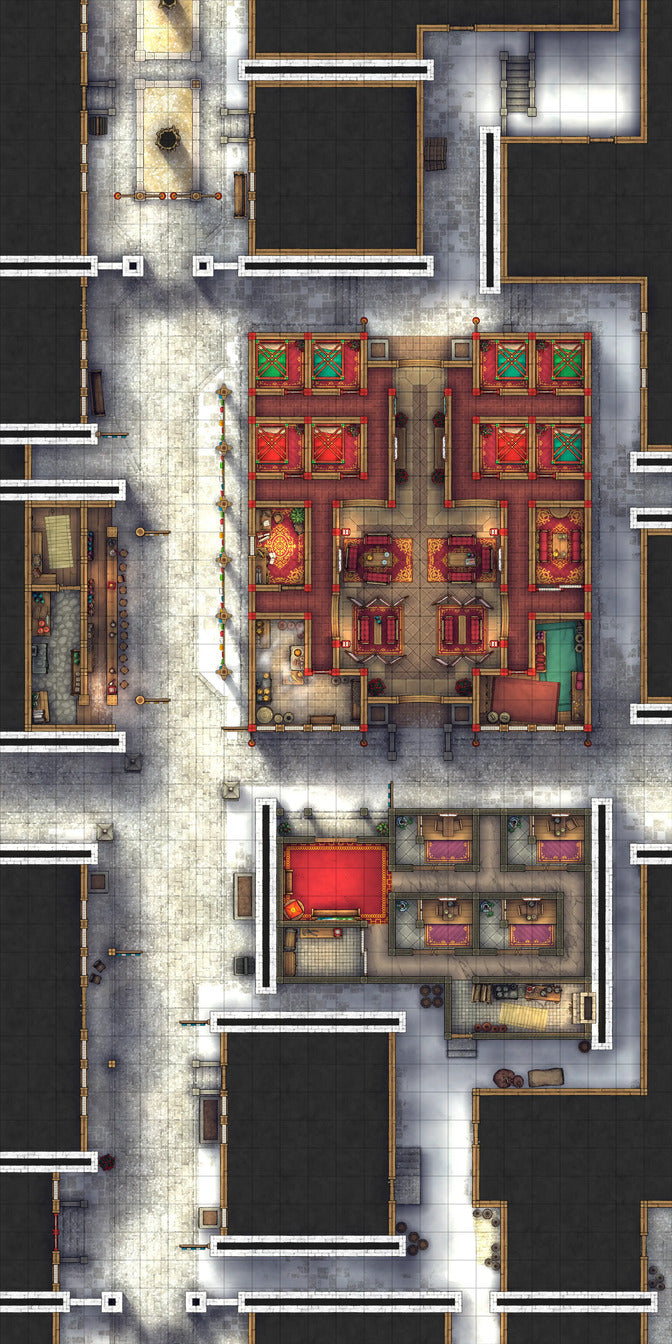 Chinese City Red Light District Battlemap - detailed fantasy map - Digital, Foundry VTT, Print