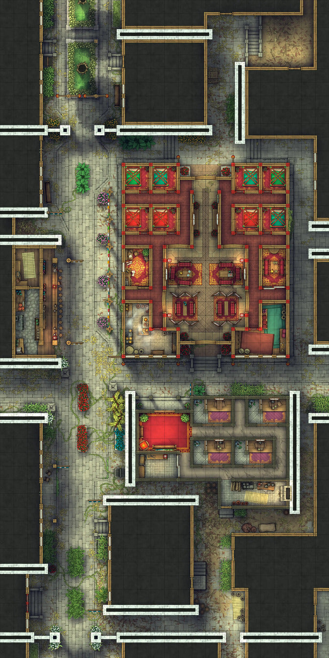 Chinese City Red Light District Battlemap - elaborate city map - Digital, Foundry VTT, Print