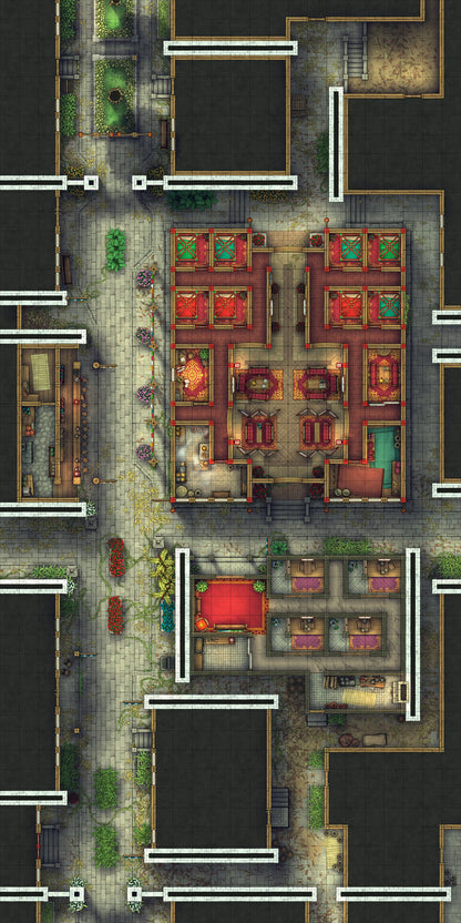 Chinese City Red Light District Battlemap - elaborate city map - Digital, Foundry VTT, Print