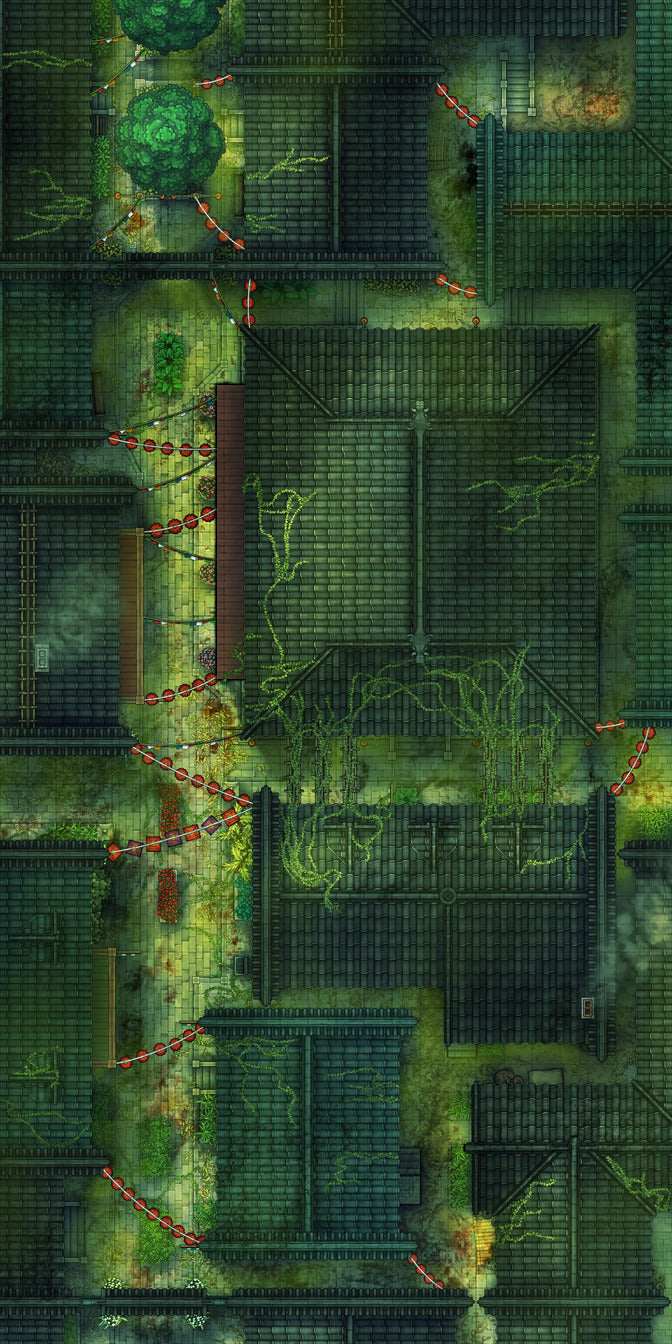 Chinese City Red Light District Battlemap - overgrown dilapidated city map - Digital, Foundry VTT, Print