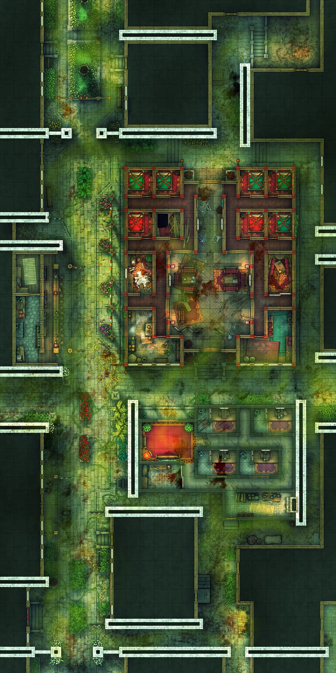 Chinese City Red Light District Battlemap - overhead dungeon map - Digital, Foundry VTT, Print