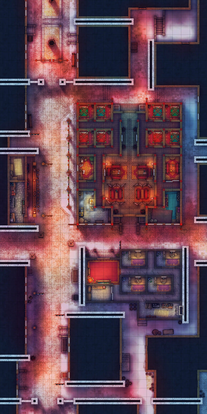 Chinese City Red Light District Battlemap - overhead dungeon map - Digital, Foundry VTT, Print
