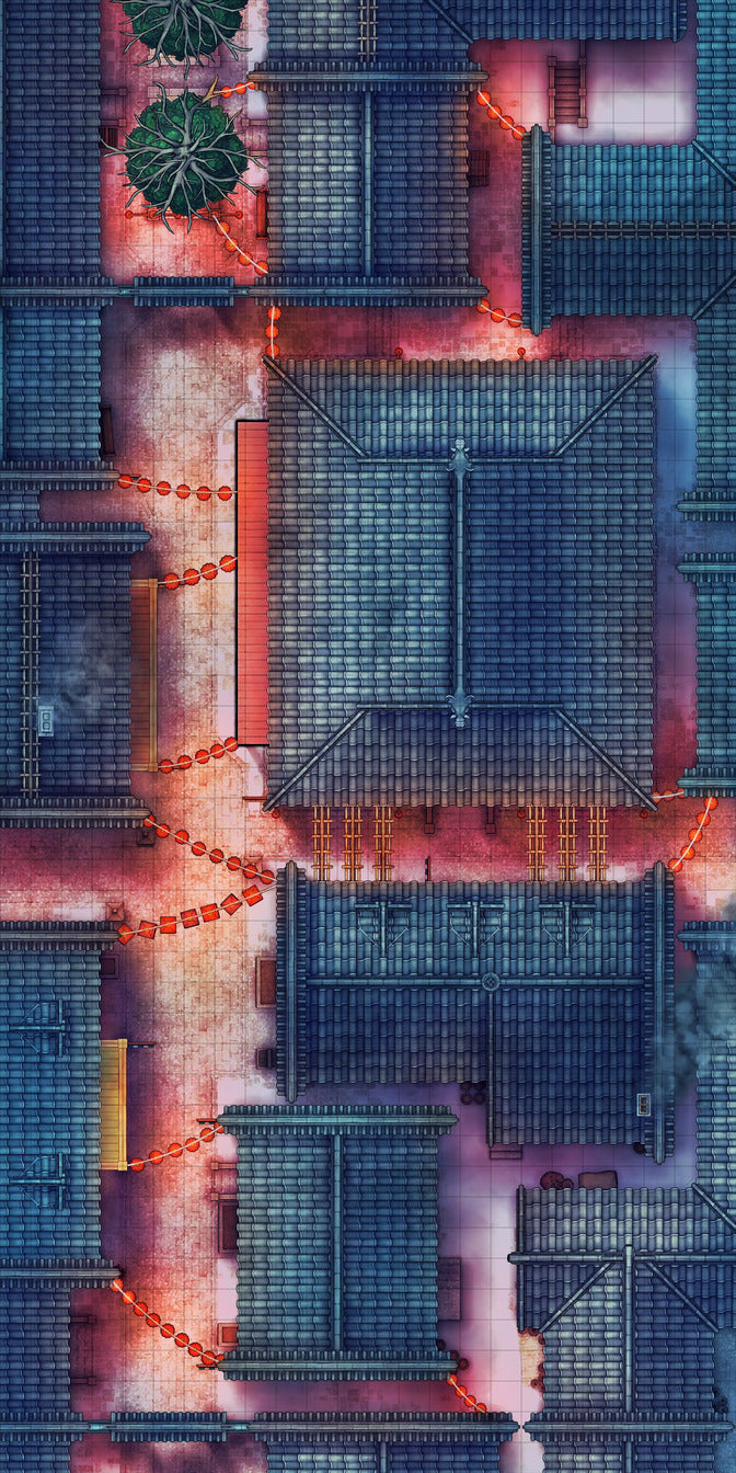 Chinese City Red Light District Battlemap - overhead view asian city - Digital, Foundry VTT, Print