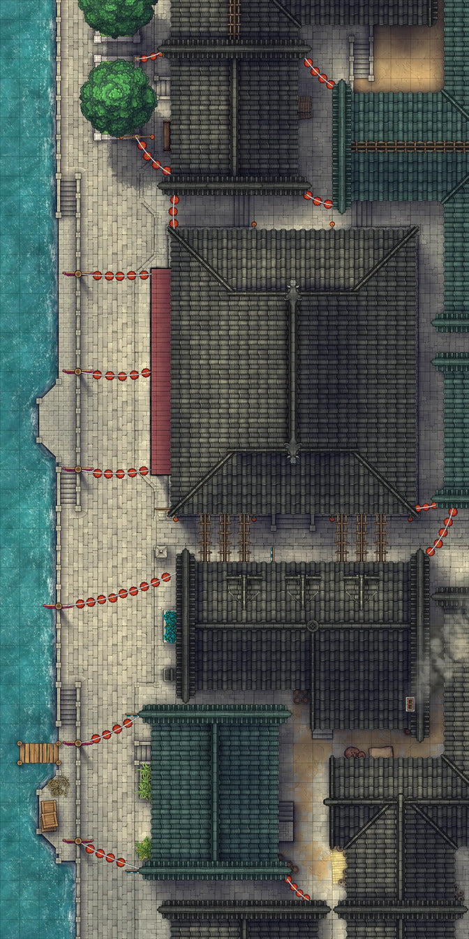Chinese City Red Light District Battlemap - overhead view asian-themed city - Digital, Foundry VTT, Print