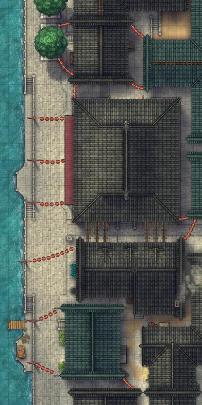 Chinese City Red Light District Battlemap - overhead view asian-themed city - Digital, Foundry VTT, Print