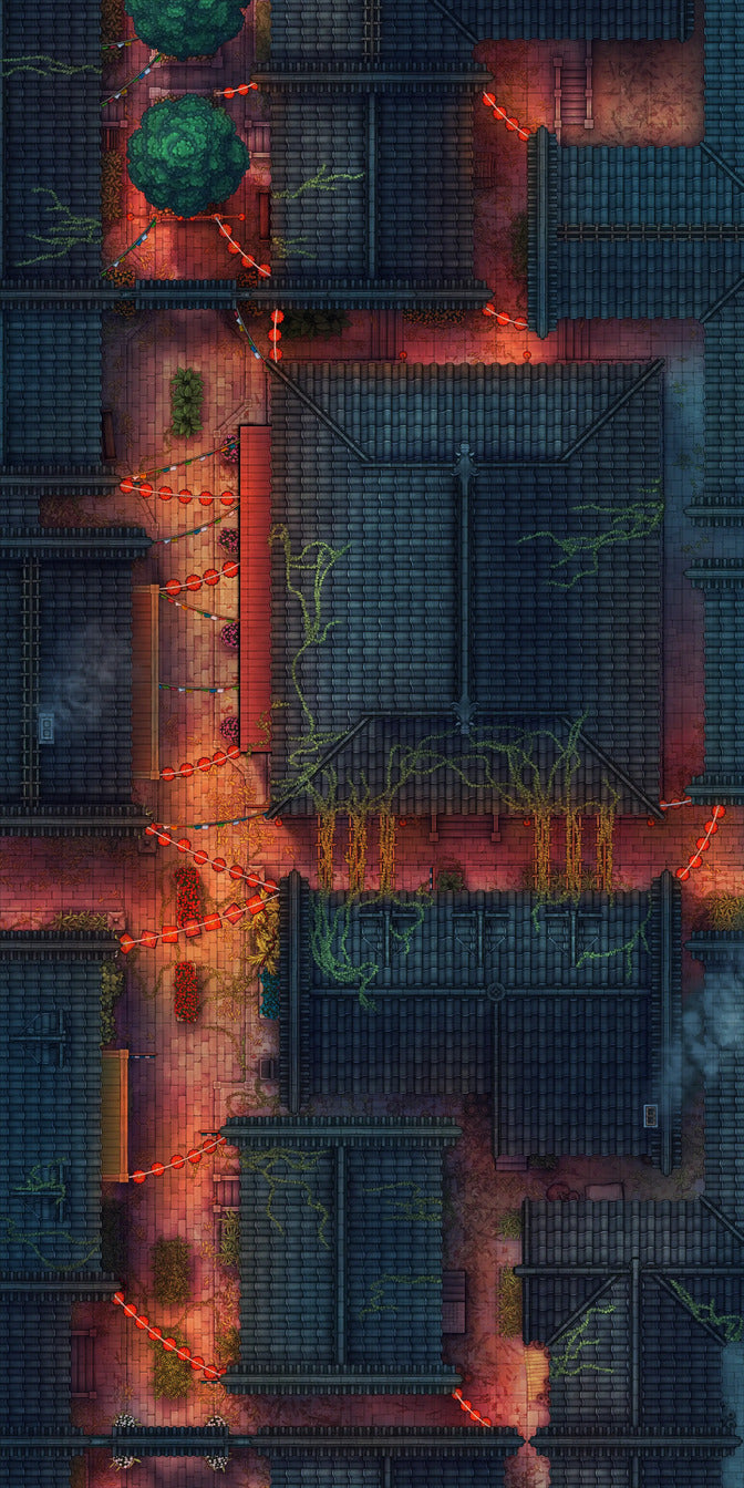Chinese City Red Light District Battlemap - overhead view dark fantasy city - Digital, Foundry VTT, Print