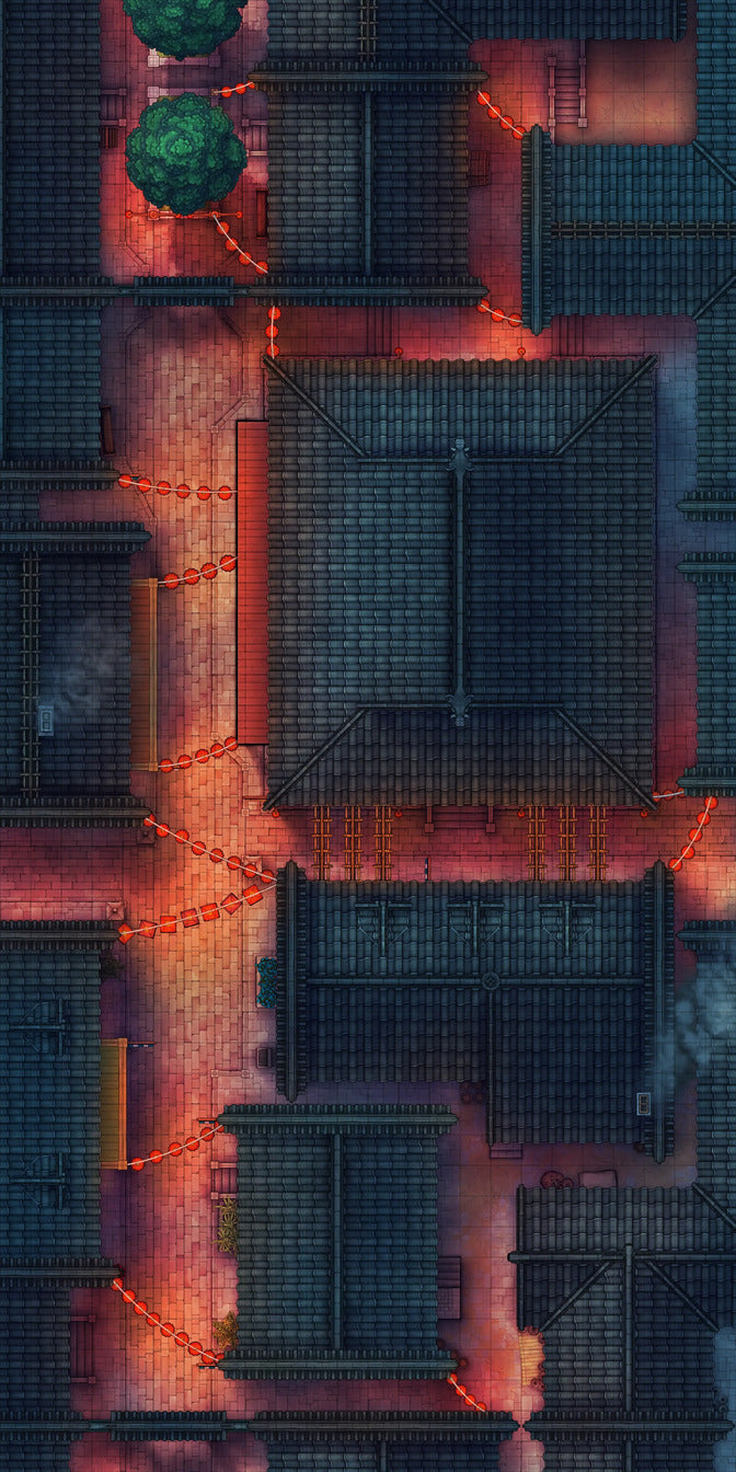 Chinese City Red Light District Battlemap - overhead view fantasy city - Digital, Foundry VTT, Print
