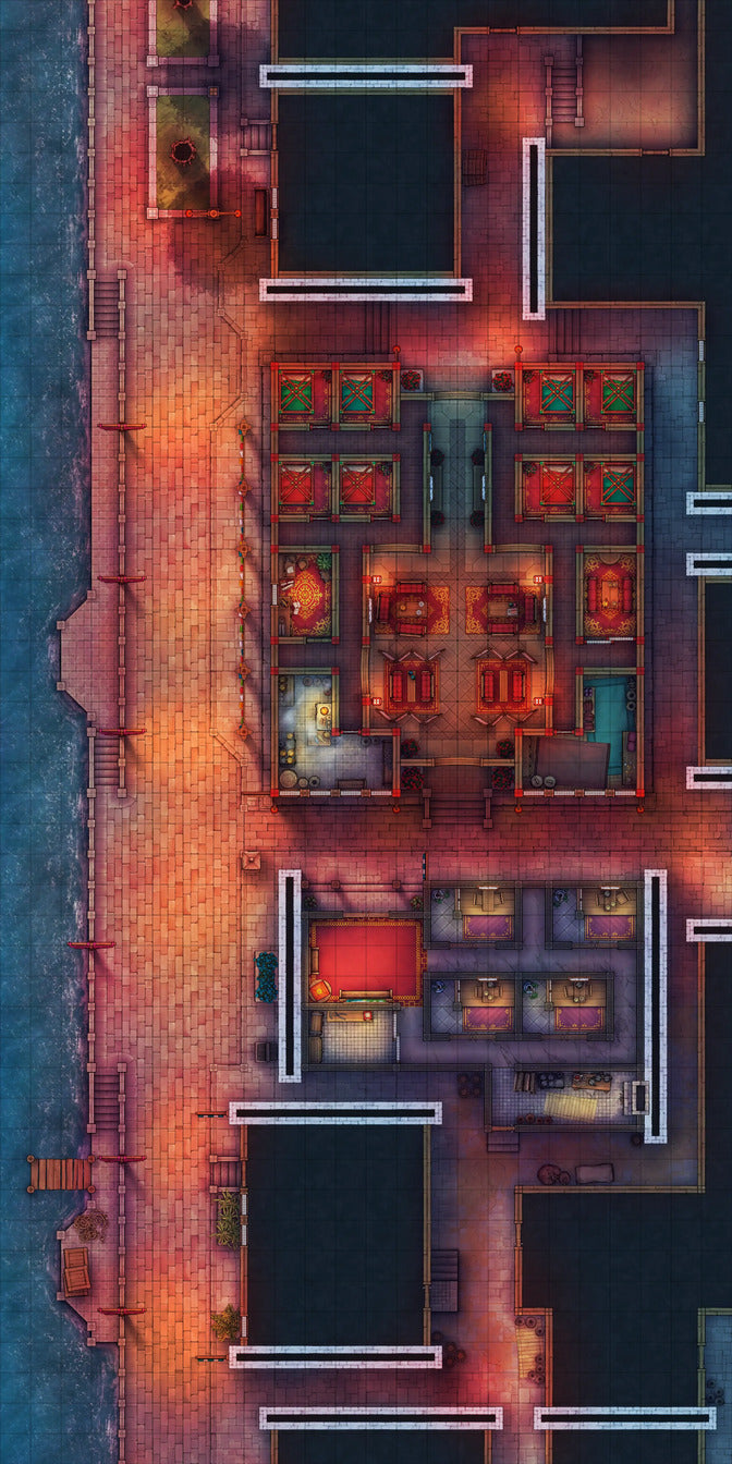 Chinese City Red Light District Battlemap - overhead view city map - Digital, Foundry VTT, Print