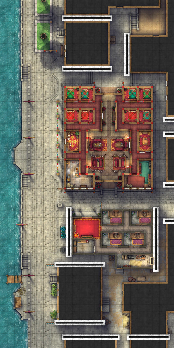 Chinese City Red Light District Battlemap - overhead view city map - Digital, Foundry VTT, Print