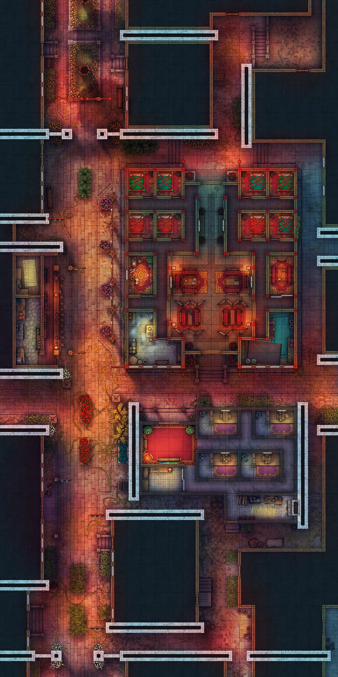 Chinese City Red Light District Battlemap - overhead view city map - Digital, Foundry VTT, Print