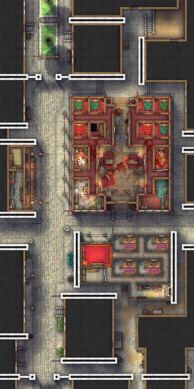 Chinese City Red Light District Battlemap - overhead view city street - Digital, Foundry VTT, Print