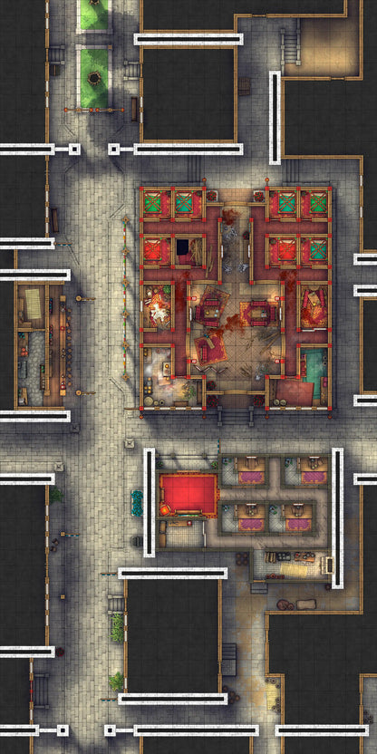 Chinese City Red Light District Battlemap - overhead view city street - Digital, Foundry VTT, Print