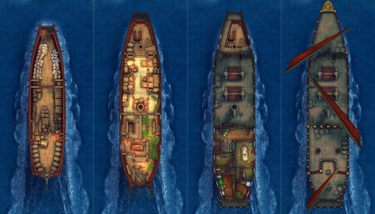 Chinese Junk Ship Battlemap - four top-down ship deck plans - Digital, Foundry VTT, Print