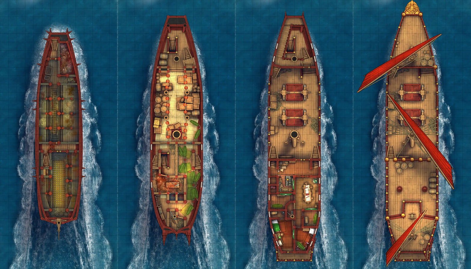 Chinese Junk Ship Battlemap - four top-down ship deck plans - Digital, Foundry VTT, Print