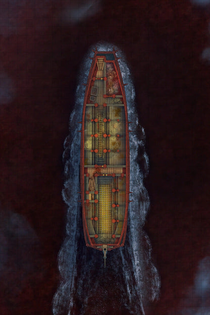 Chinese Junk Ship Battlemap - top-down view red-trimmed ship - Digital, Foundry VTT, Print